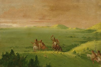 Comanche War Party, sjef som oppdager fienden og oppfordrer sine menn ved soloppgang, 1834-1835. av George Catlin