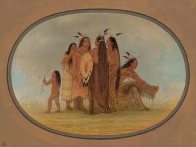 Fire Mandan-krigere, en jente og en gutt, 18611869. av George Catlin
