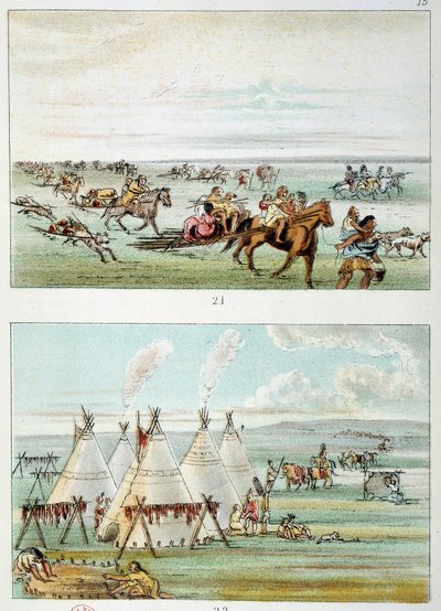 Indians of America: (øverst) stamme som beveger seg med skinn til salgs. (Bund) stamme på 500 til 600 tipi. Illustrasjon av George Catlin (1794-1872) av George Catlin