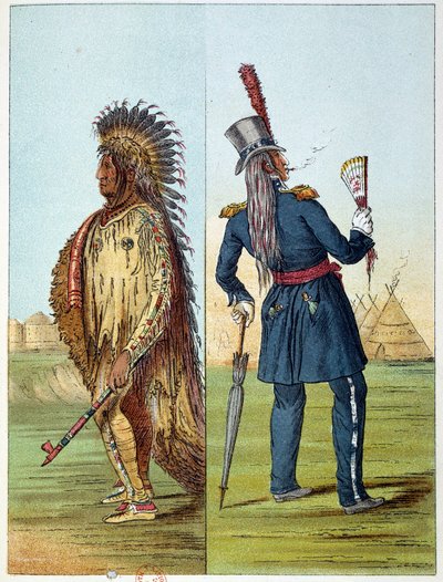 Indians of America: Indisk assiniboine-veterinær i militær i lommene sine to flasker whisky. Illustrasjon av George Catlin (1794-1872) av George Catlin