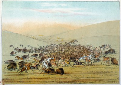Indians of America: Indiske miniater som jakter bøffel med spyd. Illustrasjon av George Catlin (1794-1872) av George Catlin