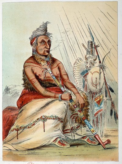 Indians of America: Portrett av en gammel indisk kokk som røyker pipen sin, kalt The Black Mocassin. Illustrasjon av George Catlin (1794-1872) av George Catlin