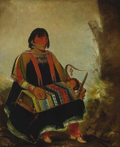 Jú-ah-kís-gaw, kvinne med barnet sitt i en vugge av George Catlin