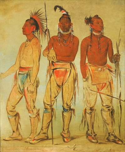Mun-ne-pús-kee, Han som ikke er redd; Ko-ha-túnk-a, Store Kråke; og Nah-cóm-ee-shee, Mannen i Sengen, Tre Unge Krigere av George Catlin