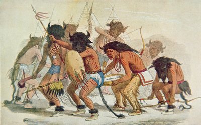 Sioux Buffalo Dance (farge litho) av George Catlin