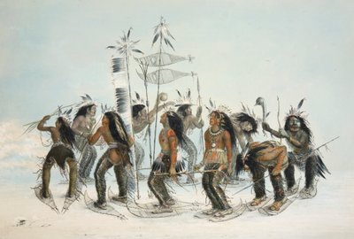 The Snow Shoe Dance, pub. 1845 fargelitografi. av George Catlin