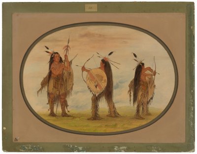 Tre Mandan-krigere bevæpnet for krig av George Catlin