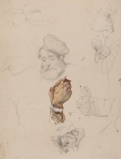 En side med studier (blyant, wc og gouache på papir) av George Cattermole