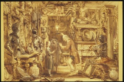 The Old Curiosity Shop Little Nells Home Interiør i Old Curiosity Shop, 1840 (wc på papir) av George Cattermole