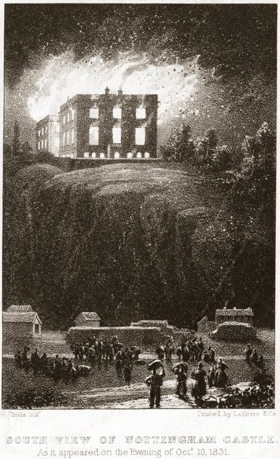 Nottingham Castle i brann, sett fra sør, 1831 av George Childs
