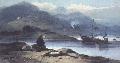 En kinesisk elv med en figur på bredden av George Chinnery