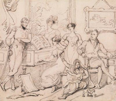 En familiegruppe rundt et piano av George Chinnery