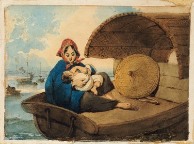En Tanka-kvinne med barnet sitt på en båt av George Chinnery
