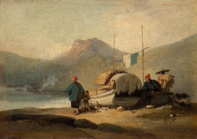 Kinesisk scene, båter ved en innsjø av George Chinnery