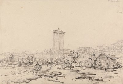 Kystscene med fiskere og bygninger, Macao av George Chinnery