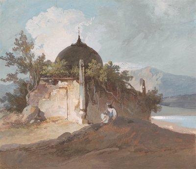 Figur som sitter ved et indisk tempel av George Chinnery