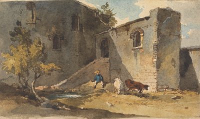Figur med storfe som står i skyggen av en bygning av George Chinnery