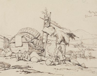 Gammel mann og barn sitter, lager mat av George Chinnery