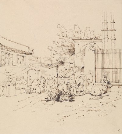 Gatescene med selgere som selger varer av George Chinnery