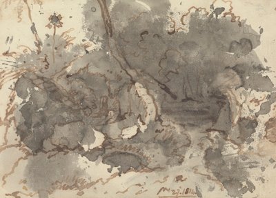 Bygning med stråtak i en skog av George Chinnery