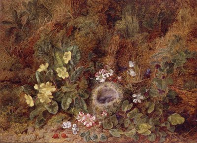Stilleben med fuglerede og ville blomster av George Clare