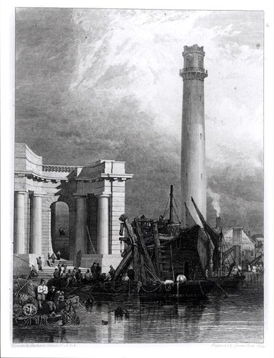 The Shot Tower og Waterloo Bridge, gravert av G. Cooke av George Clarkson (after) Stanfield