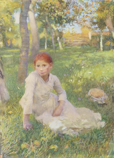 Lediggang, 1891 (wc på papir montert om bord) av George Clausen