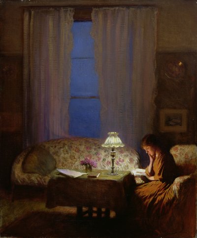 Reading by Lamplight (Twilight: Interior) (olje på lerret) av George Clausen