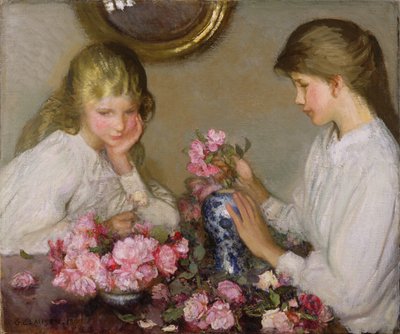 To jenter som arrangerer poser av George Clausen