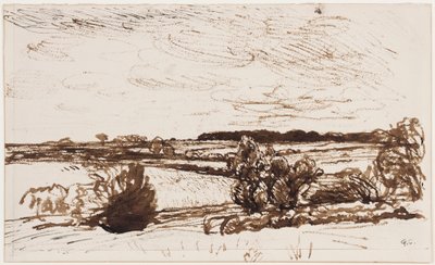 Vindblåst landskap (penn, pensel og sepiablekk på papir) av George Clausen