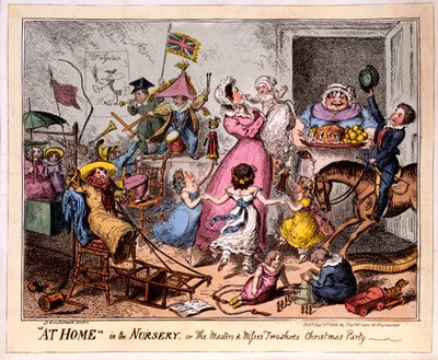 HJEMME i barnehagen, eller Mesterne og savner to sko Julefest, 1835 (farget etsning) av George Cruikshank