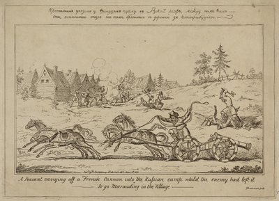 En bonde som bar av en fransk kanon inn i den russiske leiren mens fienden hadde forlatt den for å plyndre i landsbyen, publisert 8. juni 1813 av George Cruikshank