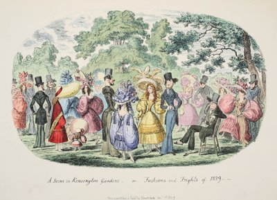 En scene i Kensington Gardens - eller - Fashions and Frights of 1829, pub. 1829 (håndfarget gravering) av George Cruikshank