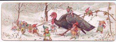 Et viktoriansk julekort av en gruppe ondsinnede alver som leder en fanget kalkun, ca. 1895 (litho-farge) av George Cruikshank