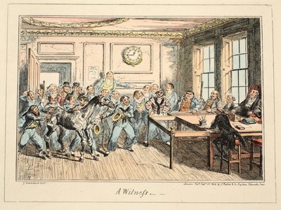 A Witness, from Greenwich Hospital, a Series of Naval Sketches, Descriptive of a Life of a Man-of-Wars Man, pub. 1825 (håndfarget gravering) av George Cruikshank