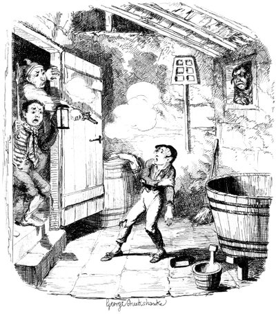 En mann skyter en ung gutt som han mistenker for å ha stjålet fra 1800-tallet. av George Cruikshank