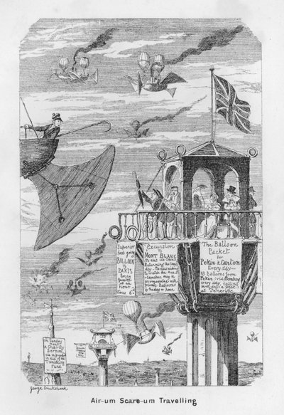 Air-um, Scare-um Traveling - dvs. forventning om fremtidens fly i 1843 av George Cruikshank