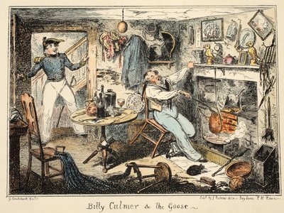 Billy Culmer & the Goose, fra Greenwich Hospital, en serie marineskisser, Descriptive of a Life of a Man-of-Wars Man, pub. 1826 (håndfarget gravering) av George Cruikshank