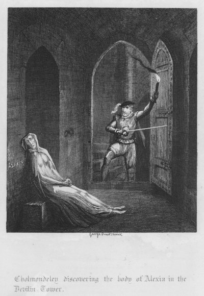 Cholmondeley oppdager liket av Alexia i Devilin Tower (gravering) av George Cruikshank