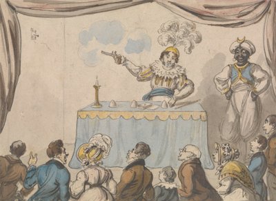 Tryllekunstner med pistol og kort av George Cruikshank