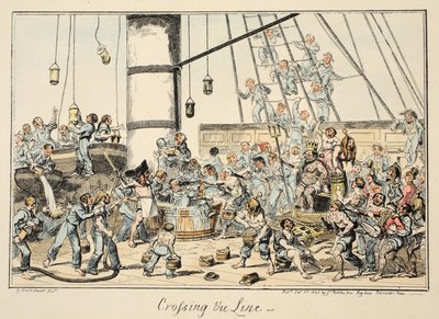 Crossing The Line, fra Greenwich Hospital, en serie marineskisser, Descriptive of a Life of a Man-of-Wars Man, pub. 1825 (håndfarget gravering) av George Cruikshank