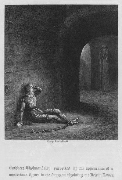 Cuthbert Cholmondeley overrasket over utseendet til en mystisk figur i fangehullet ved siden av Devilin Tower (gravering) av George Cruikshank
