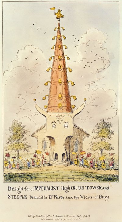 Design for et ritualistisk High Church Tower and Steeple, dedikert til Dr. Pusey and the Vicar of Bray, 1868 (trykk) av George Cruikshank