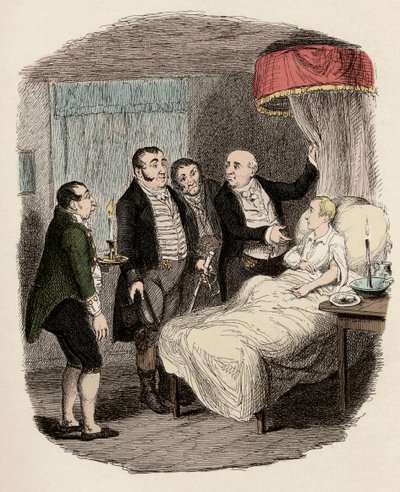 Dr. Losberne viser Oliver til Bow Street-politibetjentene - Oliver ventet på av Bow Street Runners - Illustrasjon for "" Oliver Twist"" (Oliver) (The Adventures of Oliver Twist) av Charles Dickens (1812-1870), av George Cruikshank (1792-1878). av George Cruikshank