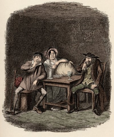 Fagin gjør forretninger med Morris Bolter, aka Noe Claypole, og Charlotte - Jøden og Morris Bolter begynner å forstå hverandre - Illustrasjon for "" Oliver Twist"" (Olivier) (The Adventures of Oliver Twist) av Charles Dickens (1812-1870) ), av George av George Cruikshank