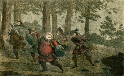 Falstaff svetter i hjel, og sviner den magre jorden mens han går av George Cruikshank