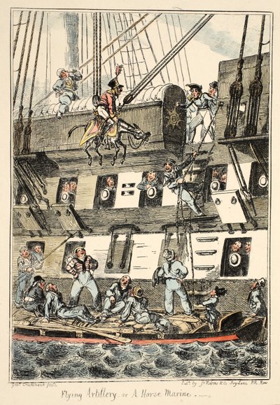 Flying Artillery or A Horse Marine, fra Greenwich Hospital, a Series of Naval Sketches, Descriptive of a Life of a Man-of-Wars Man, pub. 1826 (håndfarget gravering) av George Cruikshank
