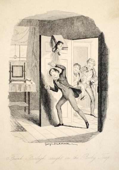 Frank Fairlegh Caught in the Booby Trap, fra Frank Fairlegh eller Scenes From the Life of a Private Pupil, pub. ca. 1870 av George Cruikshank