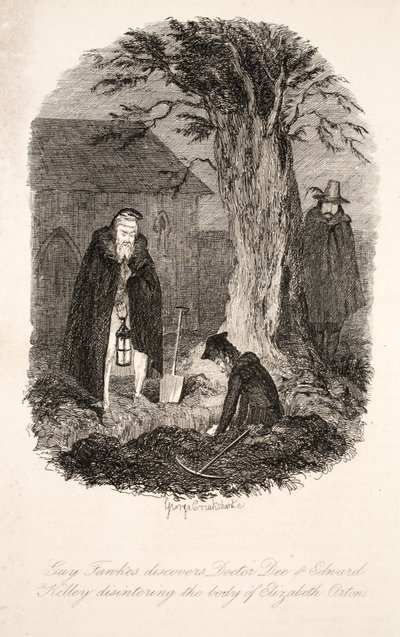 Guy Fawkes oppdager at doktor Dee og Edward Kelley forstyrrer kroppen til Elizabeth Orton, illustrasjon fra Guy Fawkes, eller Gunpowder Treason: an Historical Romance, av William Harrison Ainsworth, pu av George Cruikshank
