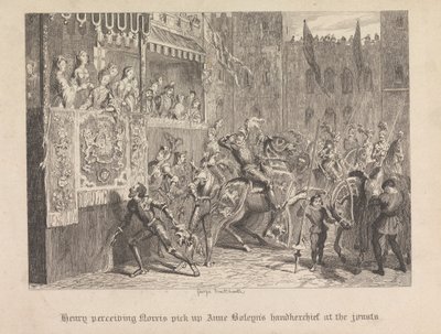 Henry oppfatter Norris plukke opp Ann Boleyns lommetørkle på dystene av George Cruikshank